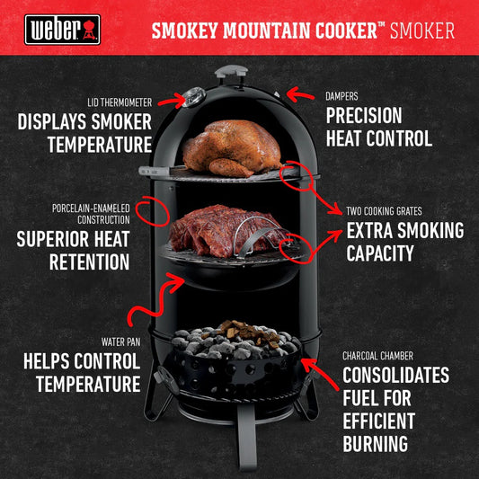 Weber Smokey Mountain Cooker 57cm – Charcoal BBQ Smoker for Low & Slow Cooking, Outdoor Smoking & Authentic BBQ Flavour