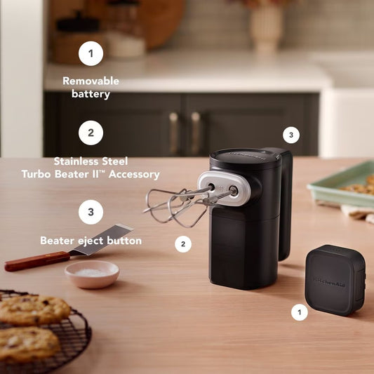 KitchenAid Go® Premium Cordless Hand Mixer - Black Matte Finish | Compact, High-Performance, Battery-Included Handheld Mixer for Quick Prep
