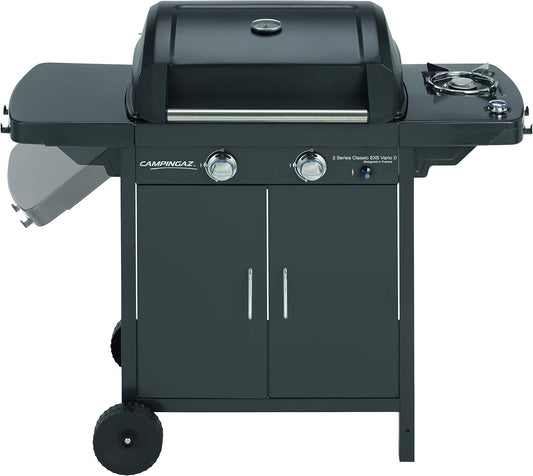 Campingaz 2 Series D Series 2 Classic EXS Vario Gas Barbecue with 2 Burners, Power 7.5 kW, Cast Iron Grill and Griddle, 1 Side Table, 10 Litres, Black/Grey