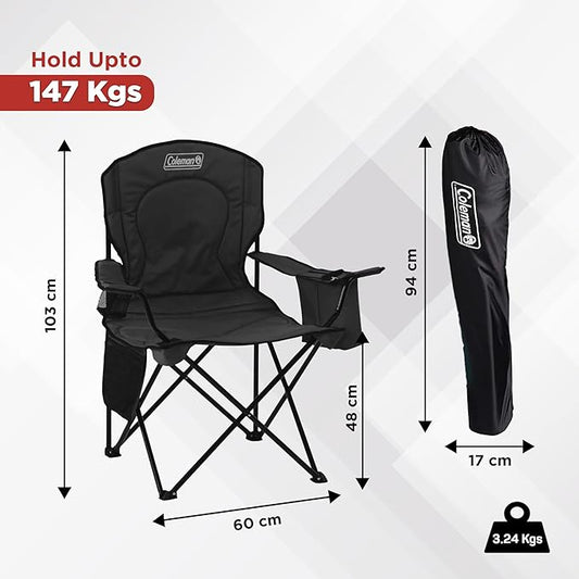 Coleman Quad Chair with Built-In Cooler Pouch– Black Folding Camping Chair with Cup Holder & Carry Bag