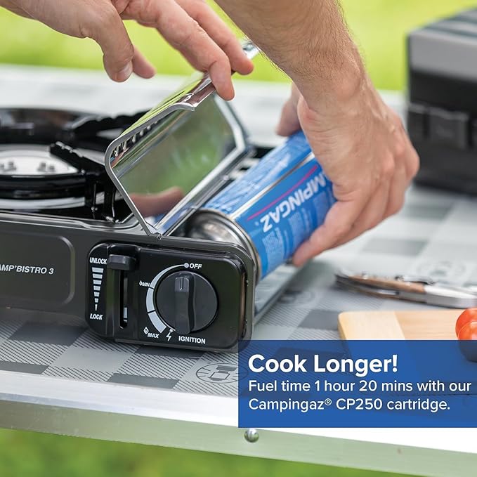 Campingaz Camp Bistro 3 Camping Stove | Portable Camping Stove | 2200W Single Burner with Piezo Ignition, Safety Lock & Carry Case | Outdoor Cooking Stove for Camping, Black