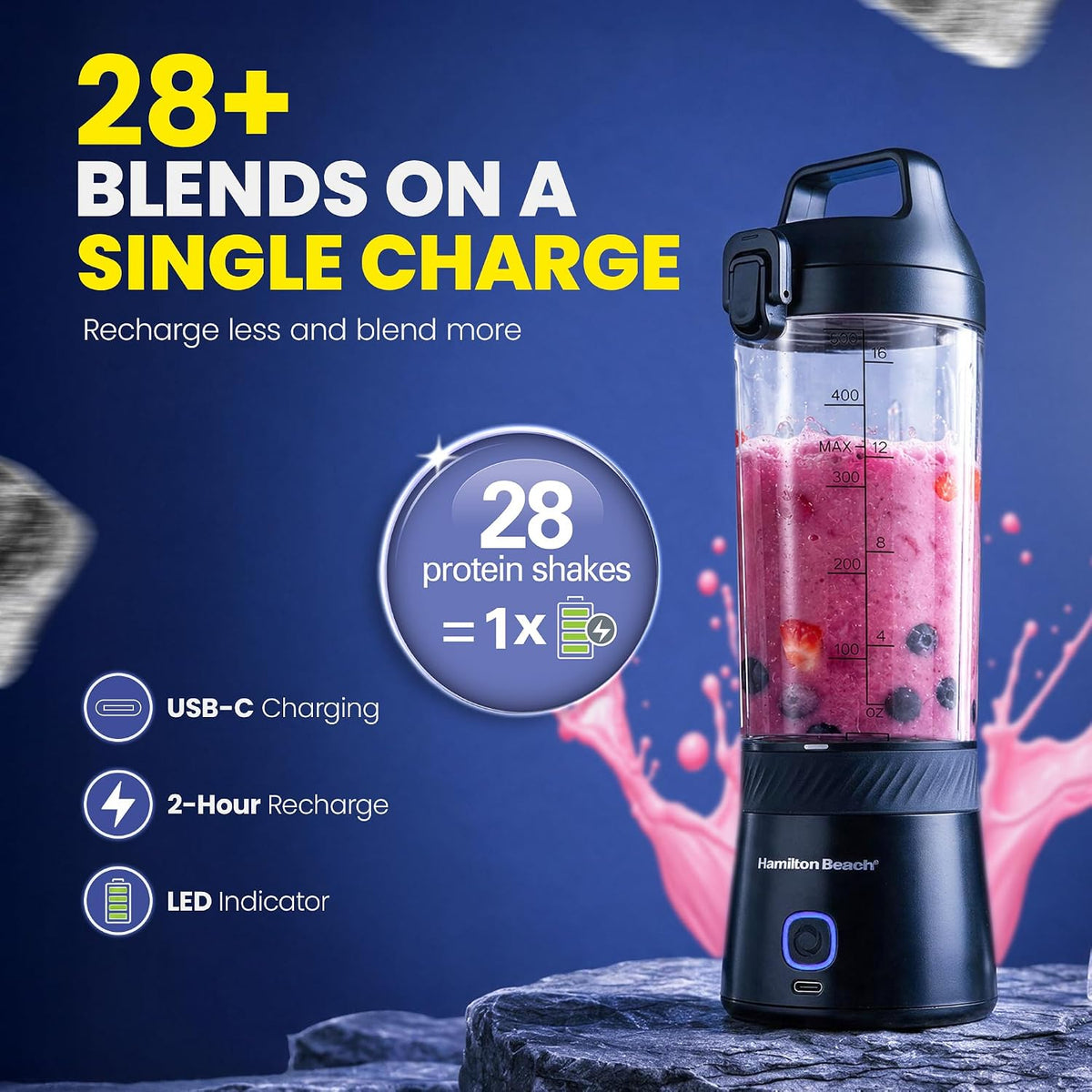 Hamilton Beach Portable Blender, 500ml BPA Free Jar, Blender for Smoothies (Black)