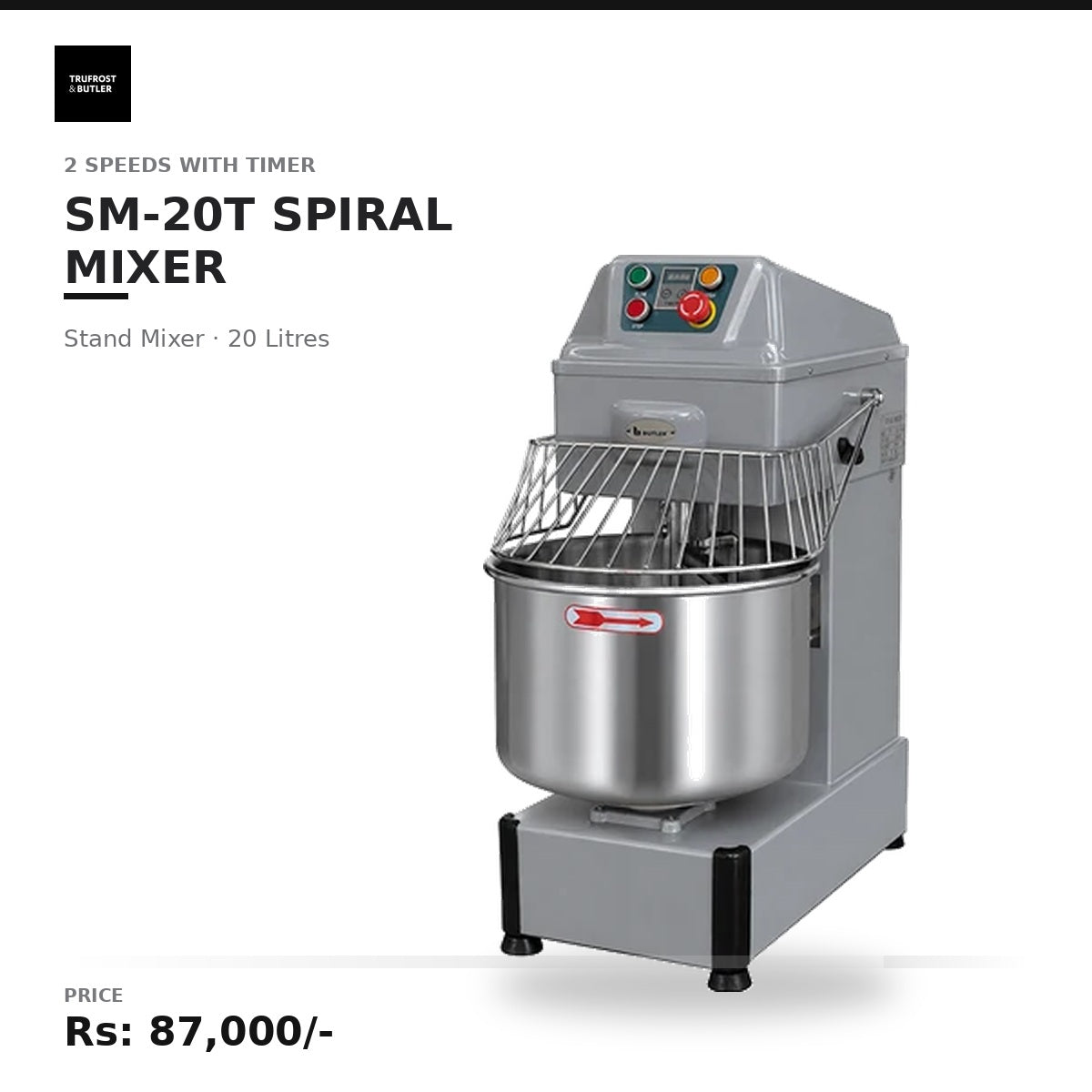 Butler SM 20T Spiral Stand Mixer 2Speeds and Timer - 20Litres