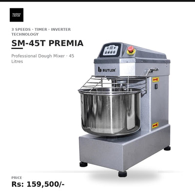 Butler SM 45T Premia Professional Dough Mixer with 3 Speeds Timer and Inverter Technology 45Litres