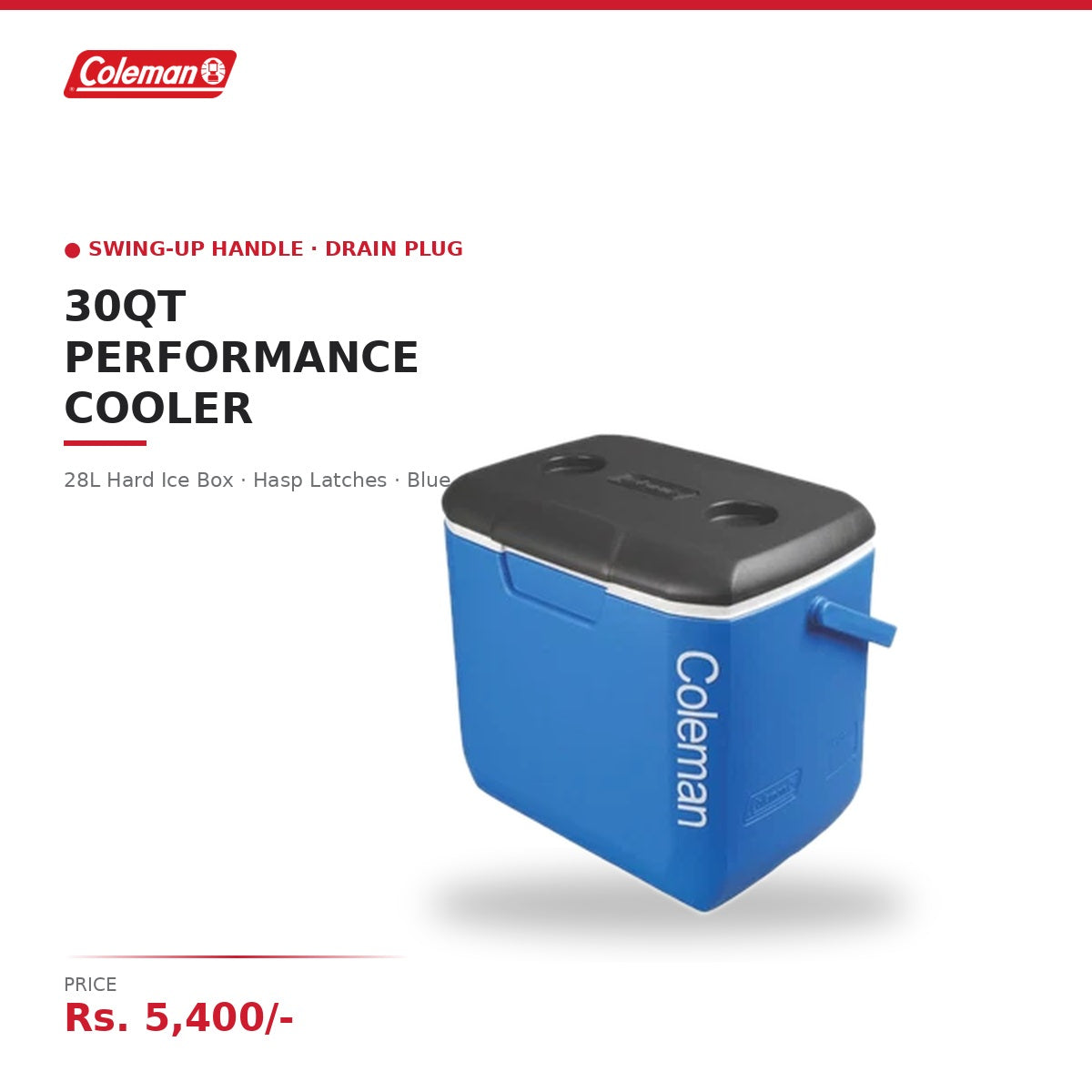 Coleman 30QT Performance Cooler | 28L Hard Ice Box | Swing-Up Handle | Drain Plug | Hasp Latches | For Day Trips & Camping | Blue