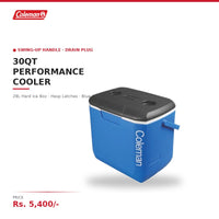 Coleman 30QT Performance Cooler | 28L Hard Ice Box | Swing-Up Handle | Drain Plug | Hasp Latches | For Day Trips & Camping | Blue