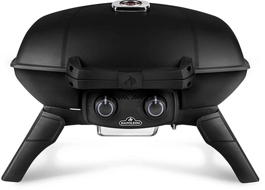 Napoleon Travel Q 285 Portable Gas Grill – 2-Burner LPG BBQ Cast Iron Cooking Grates, JETFIRE Ignition, Folding Legs & Locking Lid