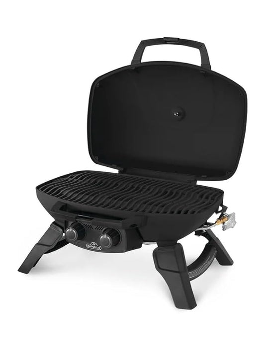 Napoleon Travel Q 285 Portable Gas Grill – 2-Burner LPG BBQ Cast Iron Cooking Grates, JETFIRE Ignition, Folding Legs & Locking Lid