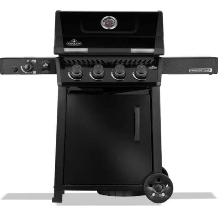 Napoleon Freestyle FP425DSIBPK Gas BBQ Grill – 4 Burner Black Barbecue with Infrared Side Burner, Cast Iron Grids & Storage Door - New Model