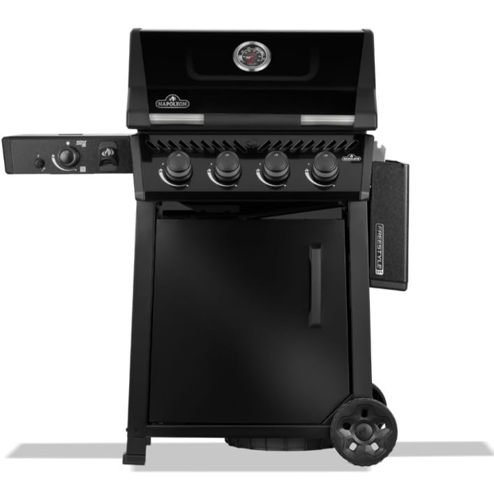 Napoleon Freestyle FP425DSIBPK Gas BBQ Grill – 4 Burner Black Barbecue with Infrared Side Burner, Cast Iron Grids & Storage Door - New Model