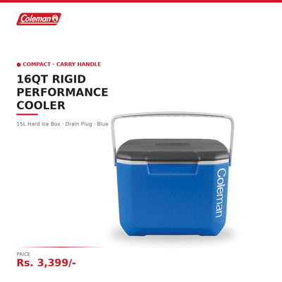 Coleman 16QT Rigid Performance Cooler | 15L Compact Hard Ice Box | Carry Handle | Drain Plug | For Day Trips & Personal Use | Blue