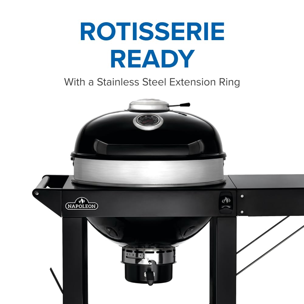 Napoleon PRO 22-Inch Cart Model Charcoal Kettle Grill - PRO22K-CART-3 - Black with Cart, Stainless Steel Spacer Ring, 363in² Cooking Area, Folding Sid