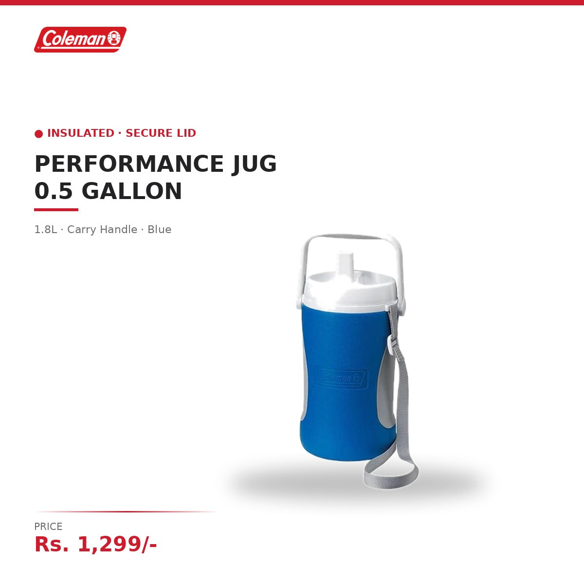 Coleman Performance Jug | 0.5 Gallon / 1.8L | Insulated Water Jug | Secure Lid | Carry Handle | For Camping, Travel & Outdoor Hydration | Blue