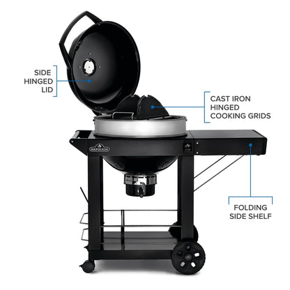 Napoleon PRO 22-Inch Cart Model Charcoal Kettle Grill - PRO22K-CART-3 - Black with Cart, Stainless Steel Spacer Ring, 363in² Cooking Area, Folding Sid