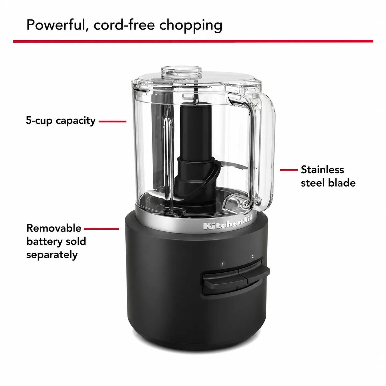 KitchenAid Go Cordless Food Chopper Black Matte | Rechargeable Electric Mini Chopper for Vegetables, Herbs, Nuts & Sauces (Battery Sold Separately)