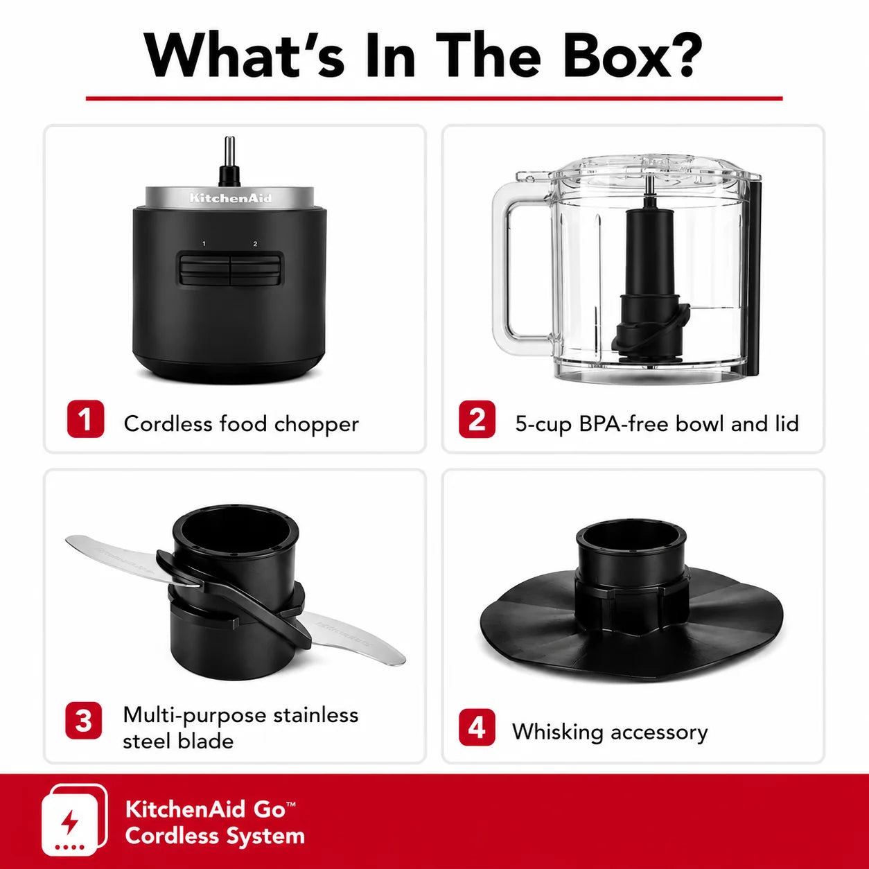 KitchenAid Go Cordless Food Chopper Black Matte | Rechargeable Electric Mini Chopper for Vegetables, Herbs, Nuts & Sauces (Battery Sold Separately)