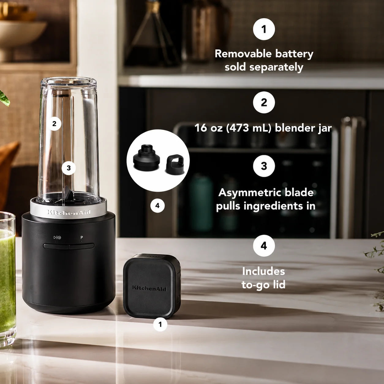 KitchenAid Go Cordless Personal Blender, Black Matte | Rechargeable Portable Blender for Smoothies, Protein Shakes, Juices & Frozen Drinks (Battery Sold Separately)