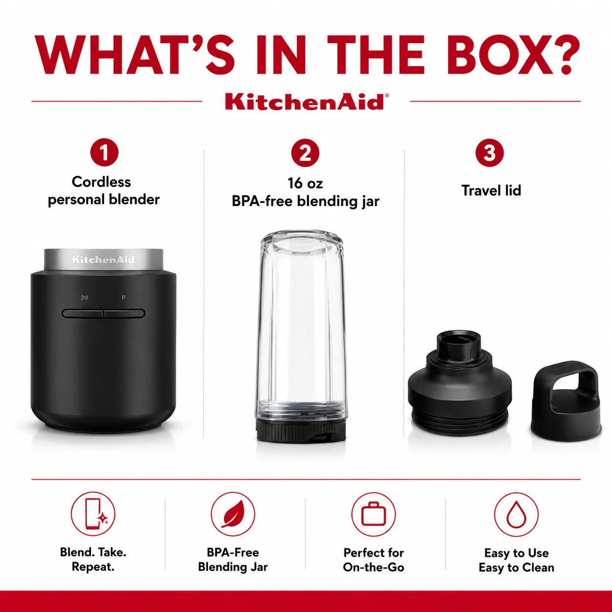 KitchenAid Go Cordless Personal Blender, Black Matte | Rechargeable Portable Blender for Smoothies, Protein Shakes, Juices & Frozen Drinks (Battery Sold Separately)