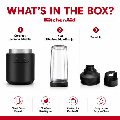 KitchenAid Go Cordless Personal Blender, Black Matte | Rechargeable Portable Blender for Smoothies, Protein Shakes, Juices & Frozen Drinks (Battery Sold Separately)