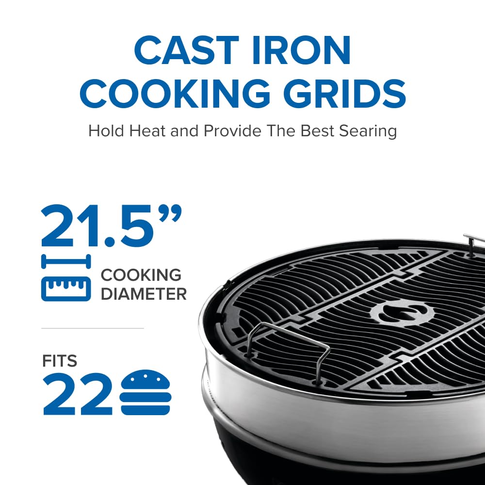 Napoleon PRO 22-Inch Cart Model Charcoal Kettle Grill - PRO22K-CART-3 - Black with Cart, Stainless Steel Spacer Ring, 363in² Cooking Area, Folding Sid