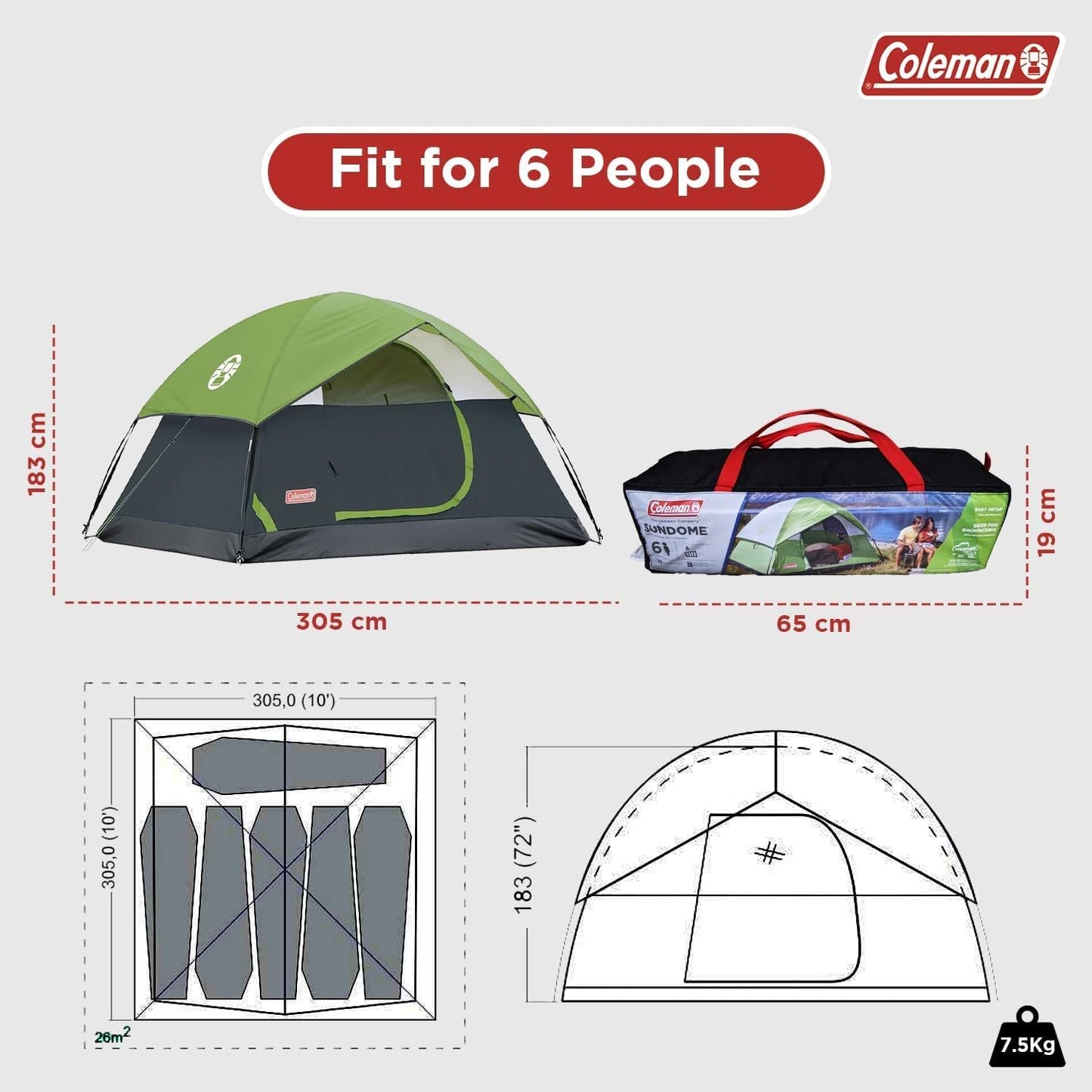 Coleman Polyester Sundome 6 Person Camping Dome Tent