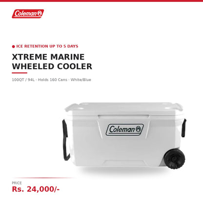 Coleman Xtreme Marine Wheeled Cooler | 100QT / 94L | Holds 160 Cans | Ice Retention 5 Days | Telescoping Handle | Have-A-Seat Lid | White/Blue
