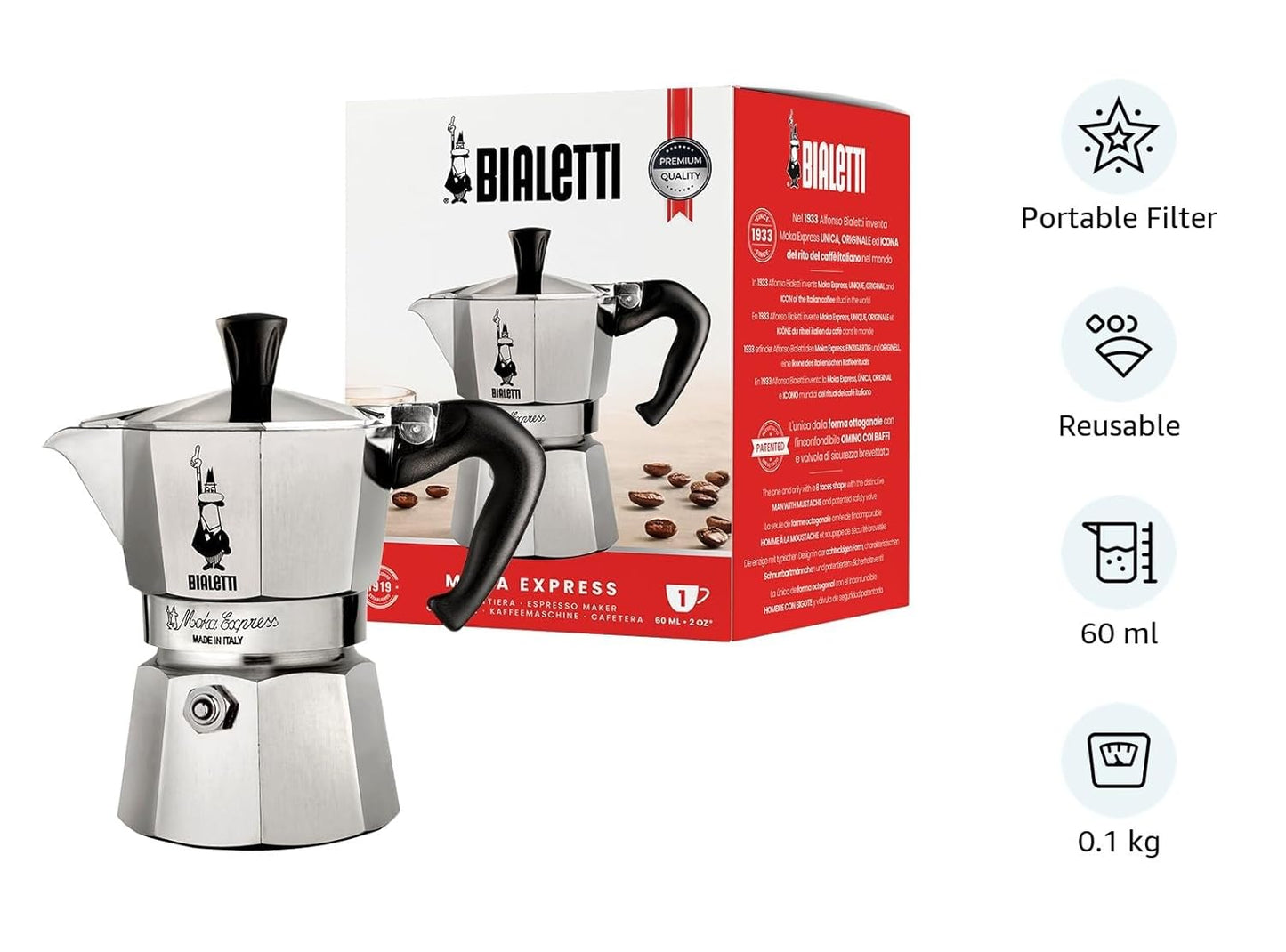Bialetti Moka Express Iconic Italian Stovetop Espresso Maker, Italian Made; Moka Pot/Percolator/Coffee Maker/Mocha Pot for an Authentic Italian Coffee (Silver, 4 Cup)