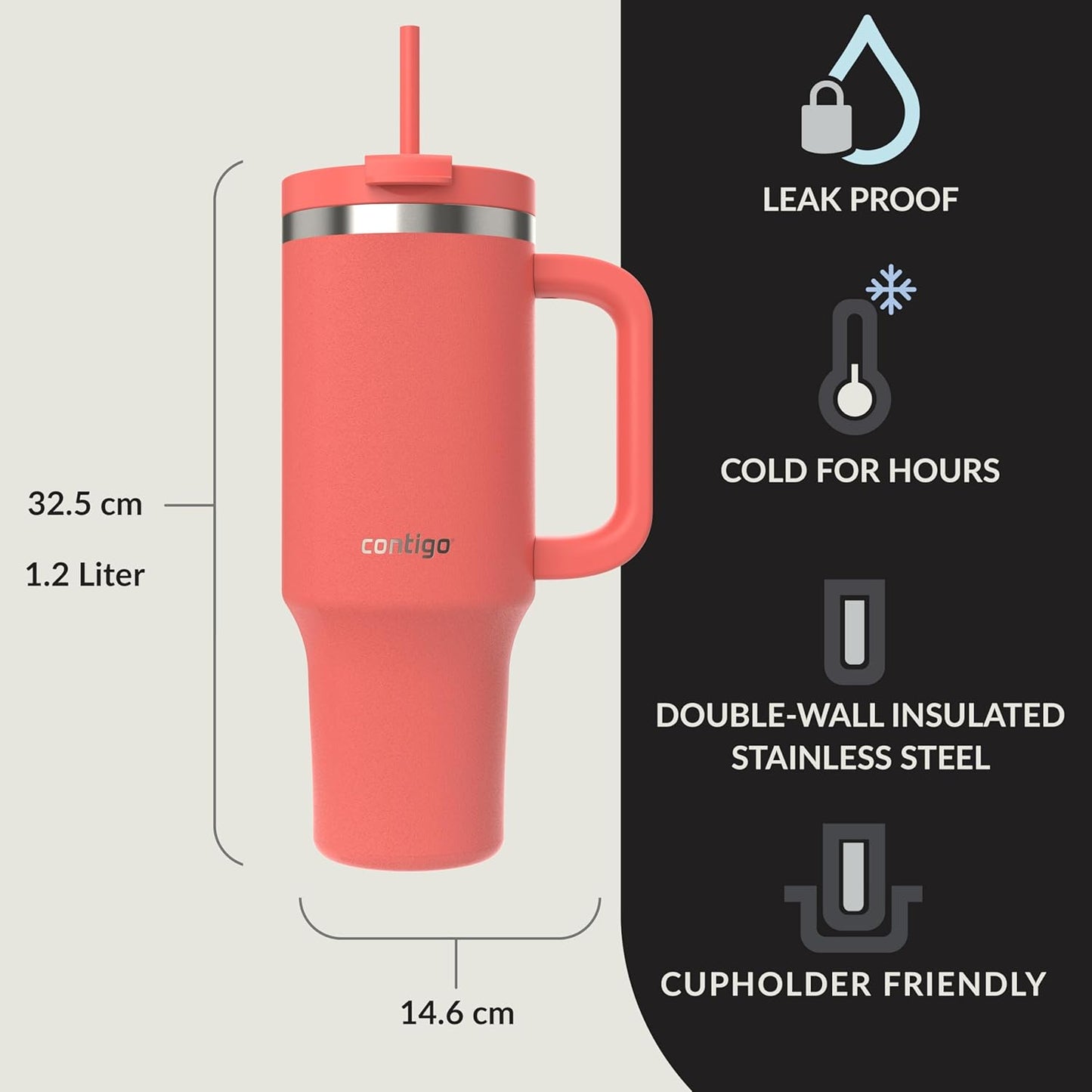 Contigo | THERMALOCK Insulated Tumbler Water Bottle | Leak-Proof with Straw | 1200 ML | Hydration & Travel Use | Coral