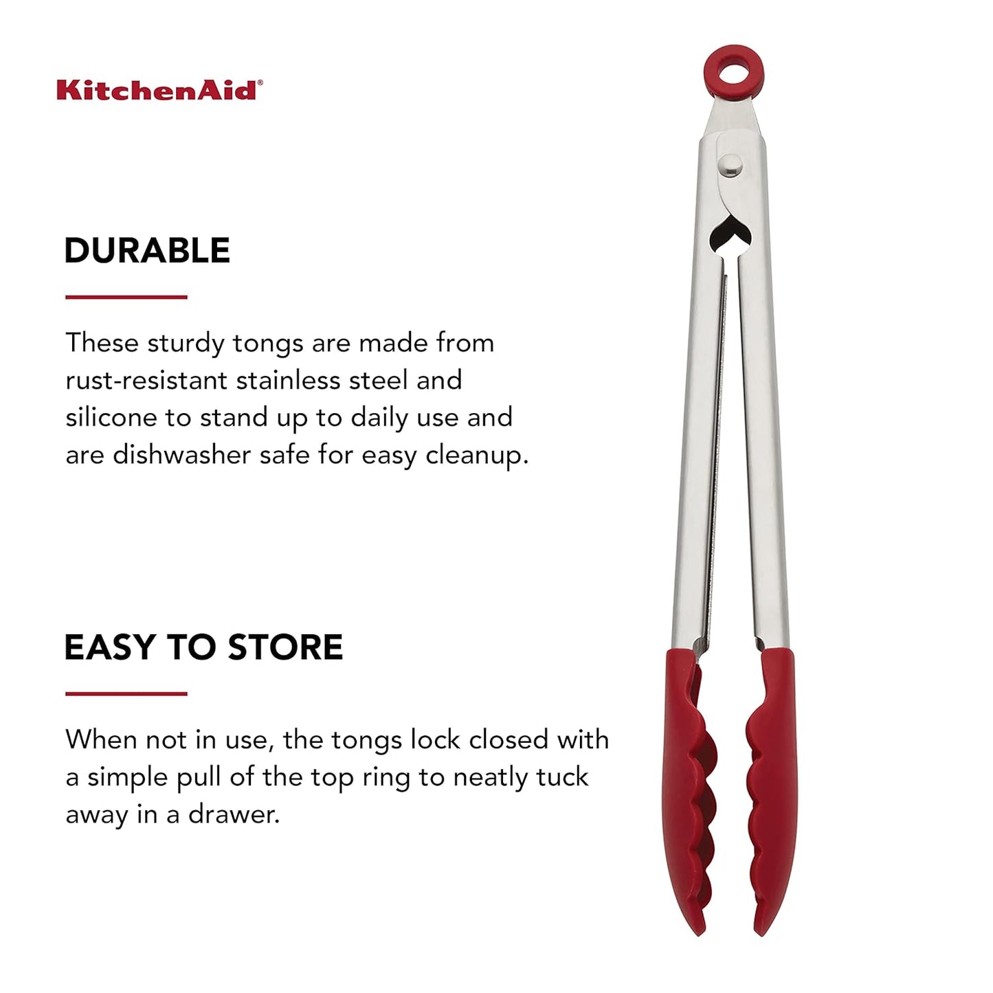 KitchenAid Gourmet Food Tongs | Silicone Head | Heat-Resistant | Locking Mechanism | Non-Stick Safe | Dishwasher-Safe | Empire Red