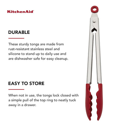 KitchenAid Gourmet Food Tongs | Silicone Head | Heat-Resistant | Locking Mechanism | Non-Stick Safe | Dishwasher-Safe | Empire Red