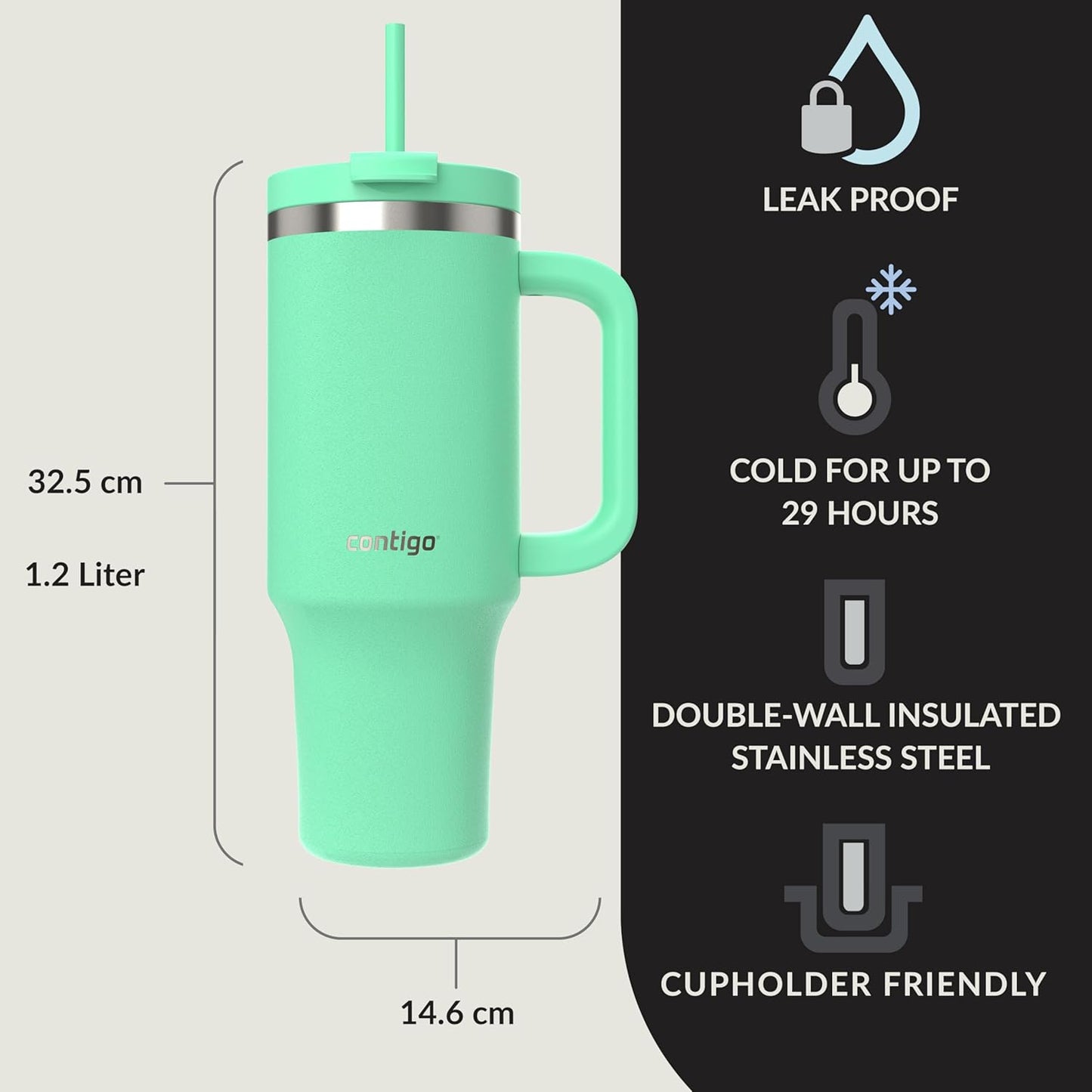Contigo THERMALOCK Leak-Proof Insulated Tumbler Water Bottle With Straw 1200ml Color :Sea Green