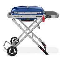 Weber Traveler Portable Gas Grill | 13,000 BTU | 2,325 cm² | Collapsible Cart | Porcelain Cast-Iron Grates | LPG | Blue