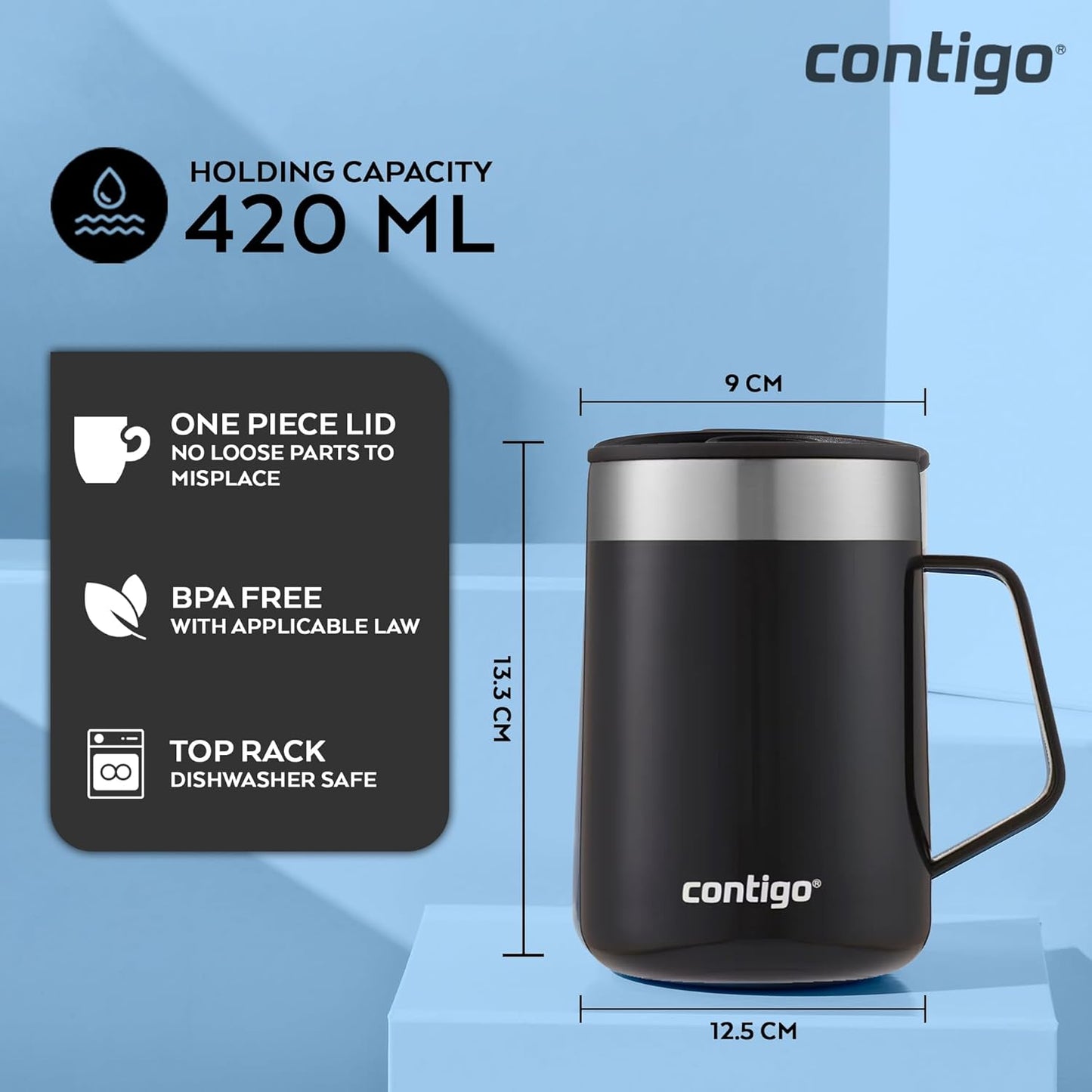 Contigo Streeterville Desk Mug, 420 ML – Insulated Stainless Steel Mug Keeps Coffee & Tea Hot up to 5 Hours (Licorice)