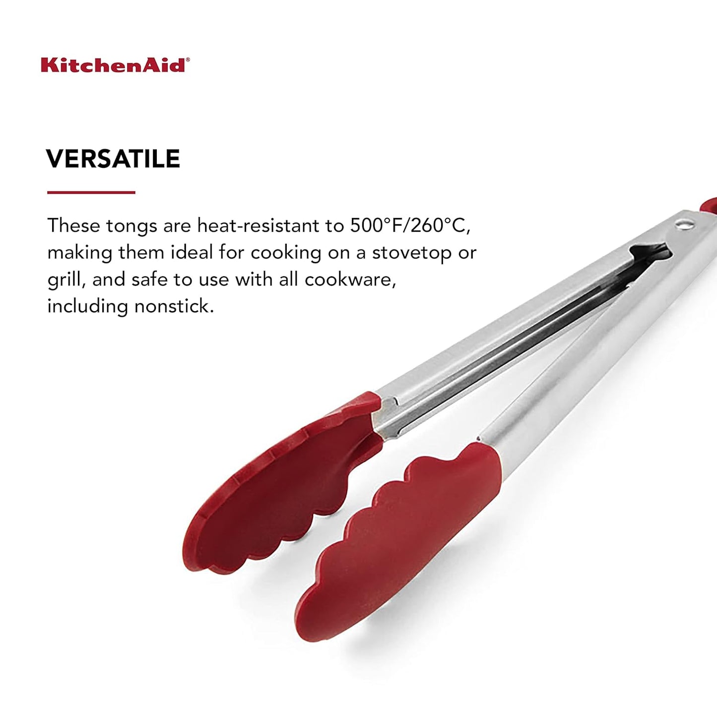 KitchenAid Gourmet Food Tongs | Silicone Head | Heat-Resistant | Locking Mechanism | Non-Stick Safe | Dishwasher-Safe | Empire Red