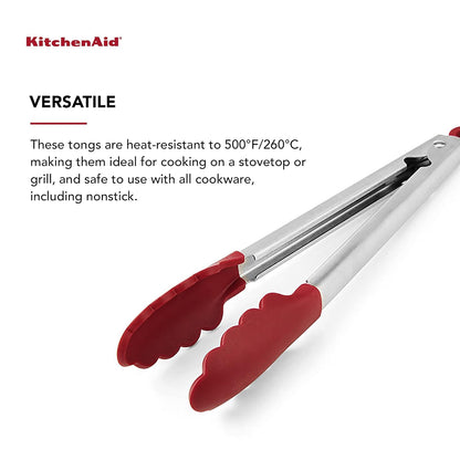 KitchenAid Gourmet Food Tongs | Silicone Head | Heat-Resistant | Locking Mechanism | Non-Stick Safe | Dishwasher-Safe | Empire Red