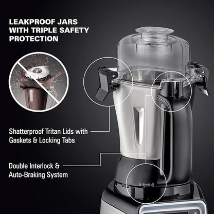 Hamilton Beach Professional Juicer Mixer Grinder 58770-IN, 1400 Watt Rated Motor, Triple Overload Protection, 3 Stainless Steel Leakproof Jars, Triple Safety Protection, Intelligent Controls, Black