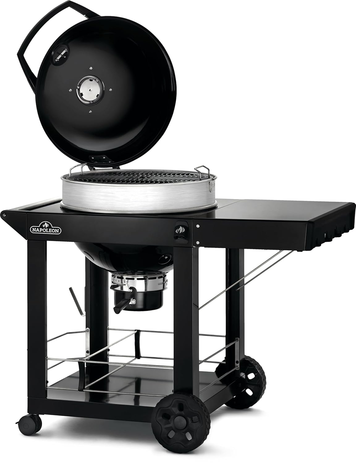 Napoleon PRO 22-Inch Cart Model Charcoal Kettle Grill - PRO22K-CART-3 - Black with Cart, Stainless Steel Spacer Ring, 363in² Cooking Area, Folding Sid