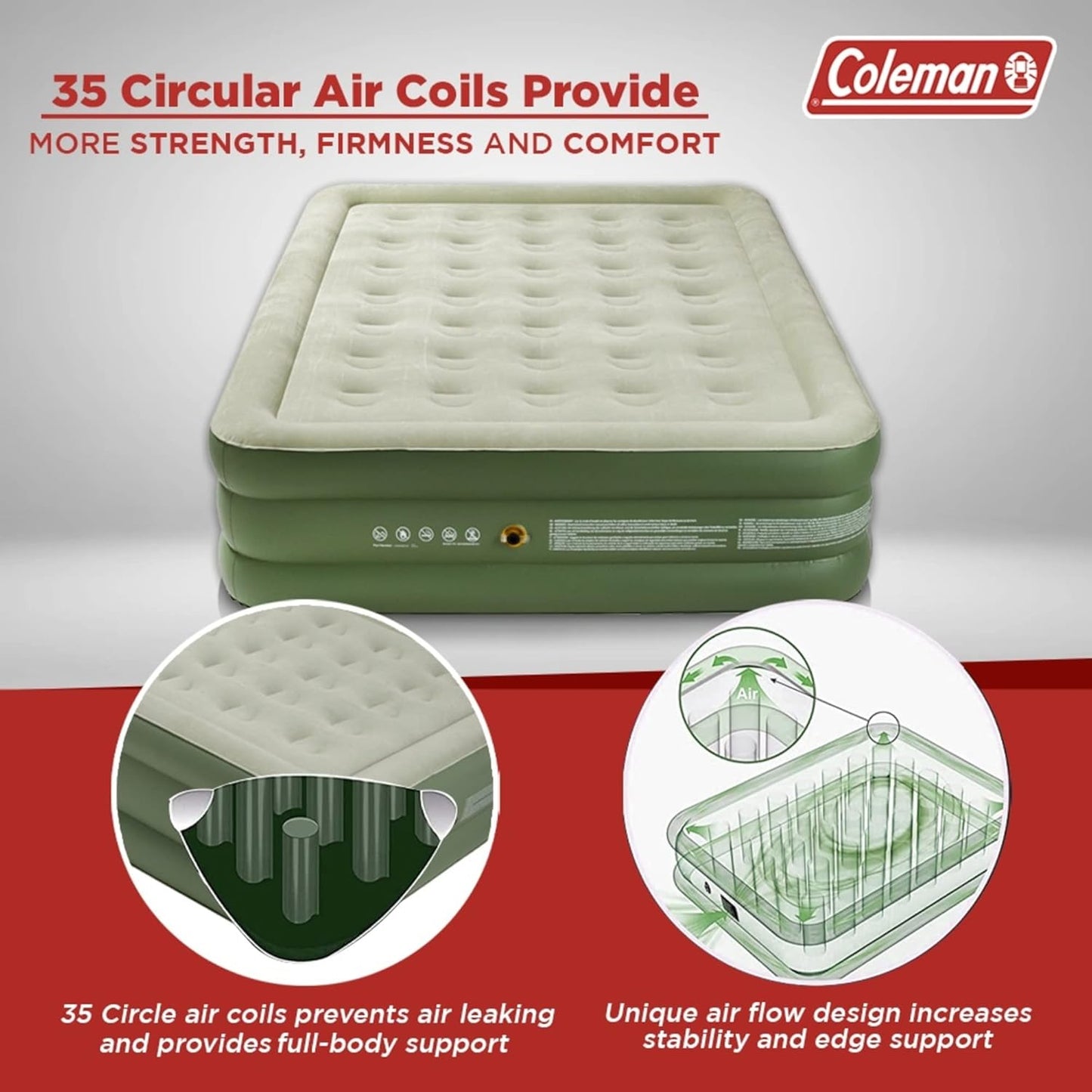 Coleman Inflatable Airbed | Durable Air Mattress | Flocked Top Surface | For Indoor & Outdoor Camping Use | Pump Required | Green