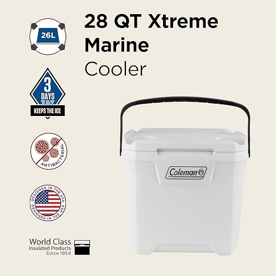 Coleman 28 QT Marine Cooler (26.4 Liter) - 39 Cans And Ice Retention - 3 day /BPA Free Material (White)