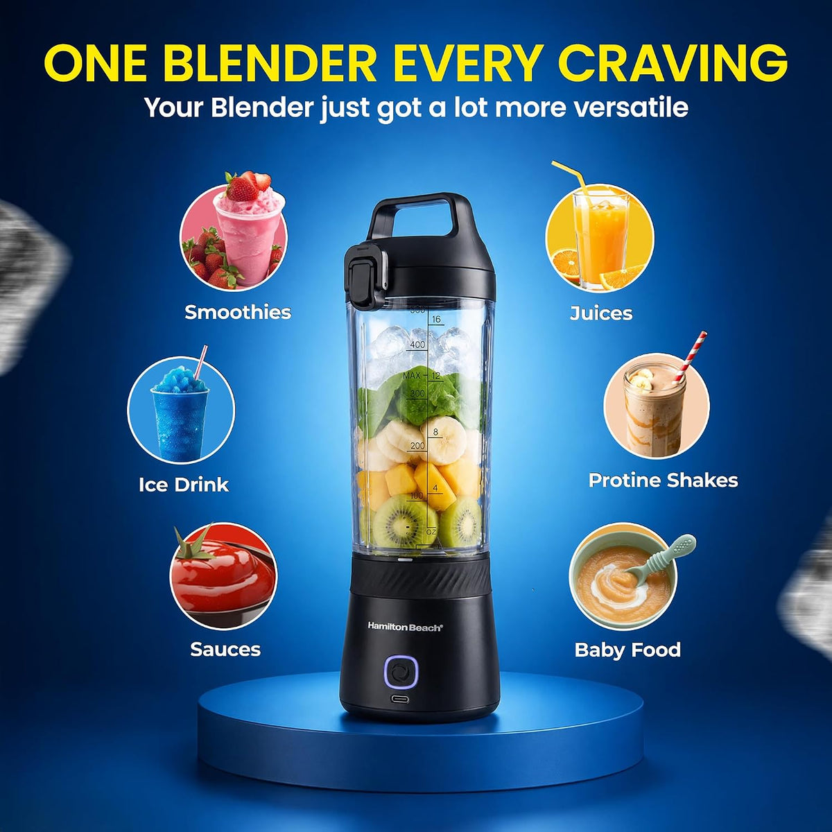 Hamilton Beach Portable Blender, 500ml BPA Free Jar, Blender for Smoothies (Black)