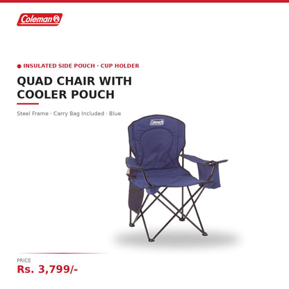 Coleman Quad Folding Camping Chair | Built-In Cooler Pouch & Cup Holder | Steel Frame | With Carry Bag | For Camping, Picnics & Events | Blue