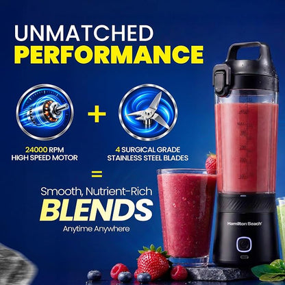 Hamilton Beach Portable Blender, 500ml BPA Free Jar, Blender for Smoothies (Black)
