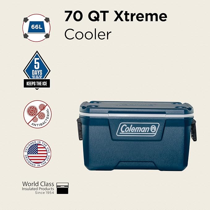 Coleman 70QT Xtreme Hard Cooler – 66L Ice Box, 100 Cans, Up to 5 Days Ice