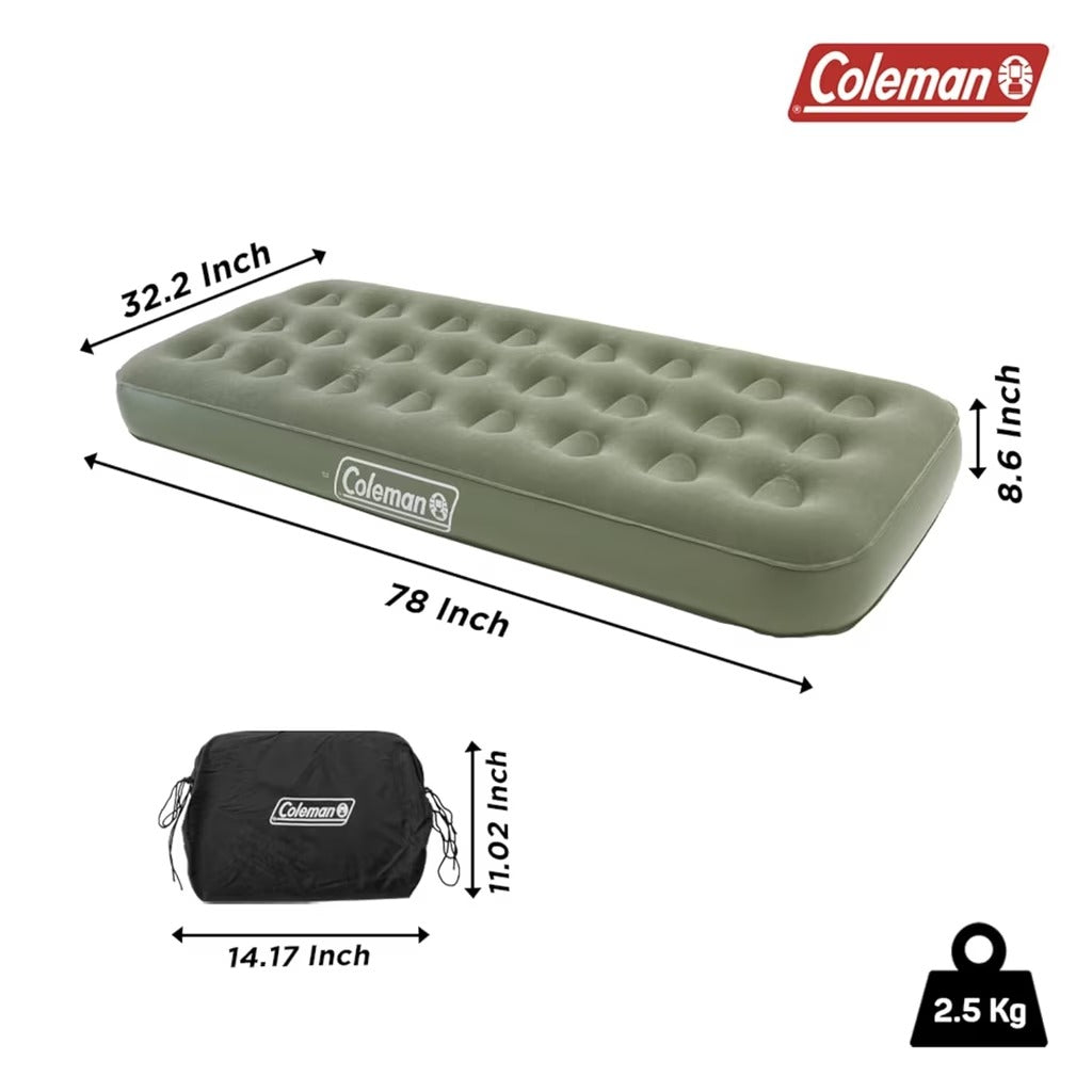 Coleman Maxi Comfort Inflatable Camping Mattress | Single | Compact & Lightweight | Flocked Top | For Backpacking, Hiking & Camping | Green