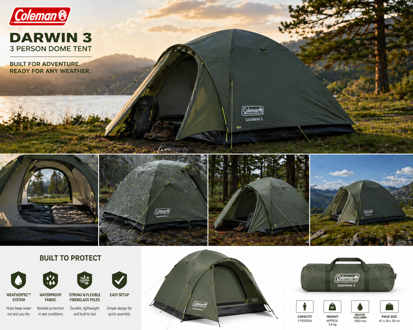Coleman Darwin 3 Dome Tent | 3 Person | WeatherTec System | Full Waterproof Fly | Fibreglass Poles | 5-10 Min Setup | Compact & Lightweight | Green