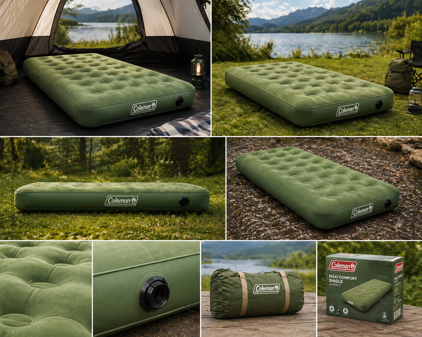 Coleman Maxi Comfort Inflatable Camping Mattress | Single | Compact & Lightweight | Flocked Top | For Backpacking, Hiking & Camping | Green