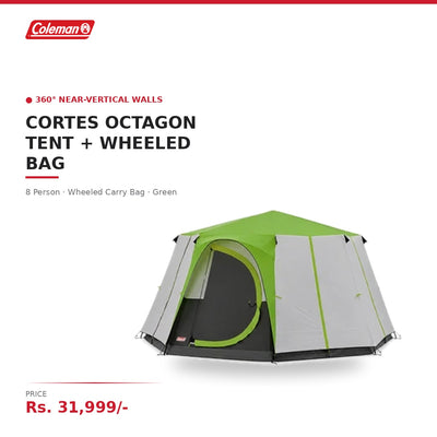 Coleman Cortes Octagon 8 Person Family Tent | Wheeled Carry Bag | 2000mm Water-Resistant | Colour-Coded Poles | Standing Room | WeatherTec | Green