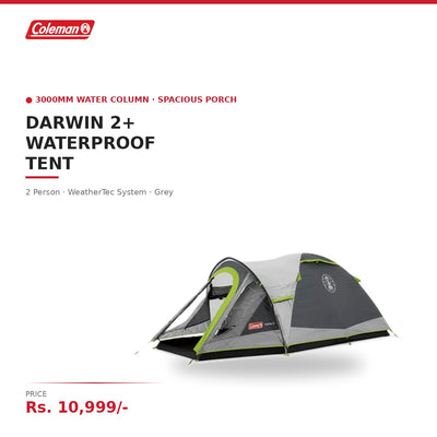 Coleman Darwin 2+ Waterproof Camping Tent | 2 Person | 3000mm Water Column | Spacious Porch | WeatherTec System | For Monsoon & Mountain Camping | Grey