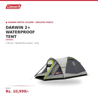 Coleman Darwin 2+ Waterproof Camping Tent | 2 Person | 3000mm Water Column | Spacious Porch | WeatherTec System | For Monsoon & Mountain Camping | Grey