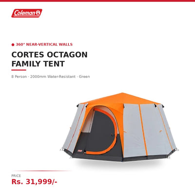 Coleman Cortes Octagon 8 Person Family Tent | 2000mm Water-Resistant | Colour-Coded Poles | Near-Vertical Walls | Standing Room | WeatherTec | Green